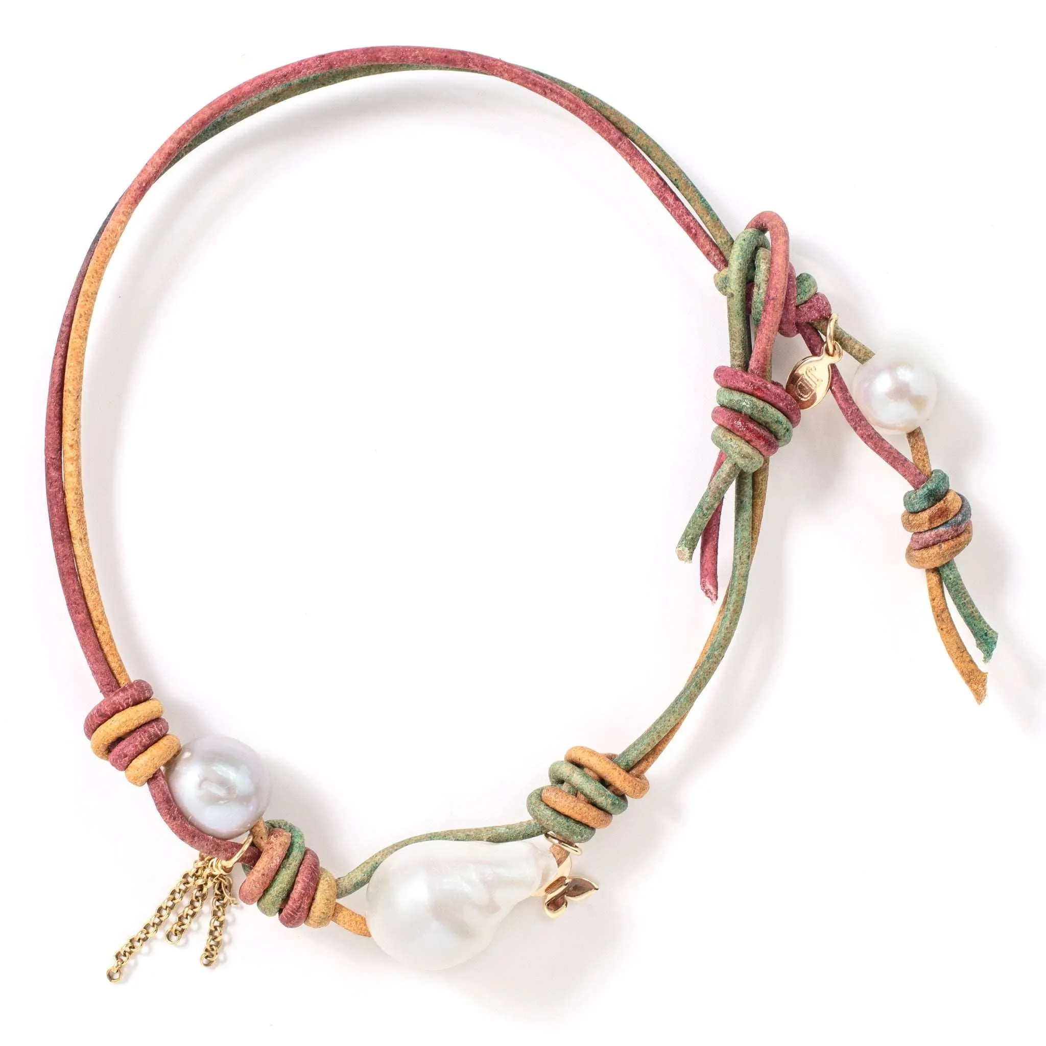 Magic Garden Baroque Pearl Gold Butterfly Chain Leather Anklet
