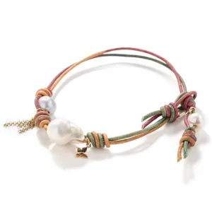 Magic Garden Baroque Pearl Gold Butterfly Chain Leather Anklet