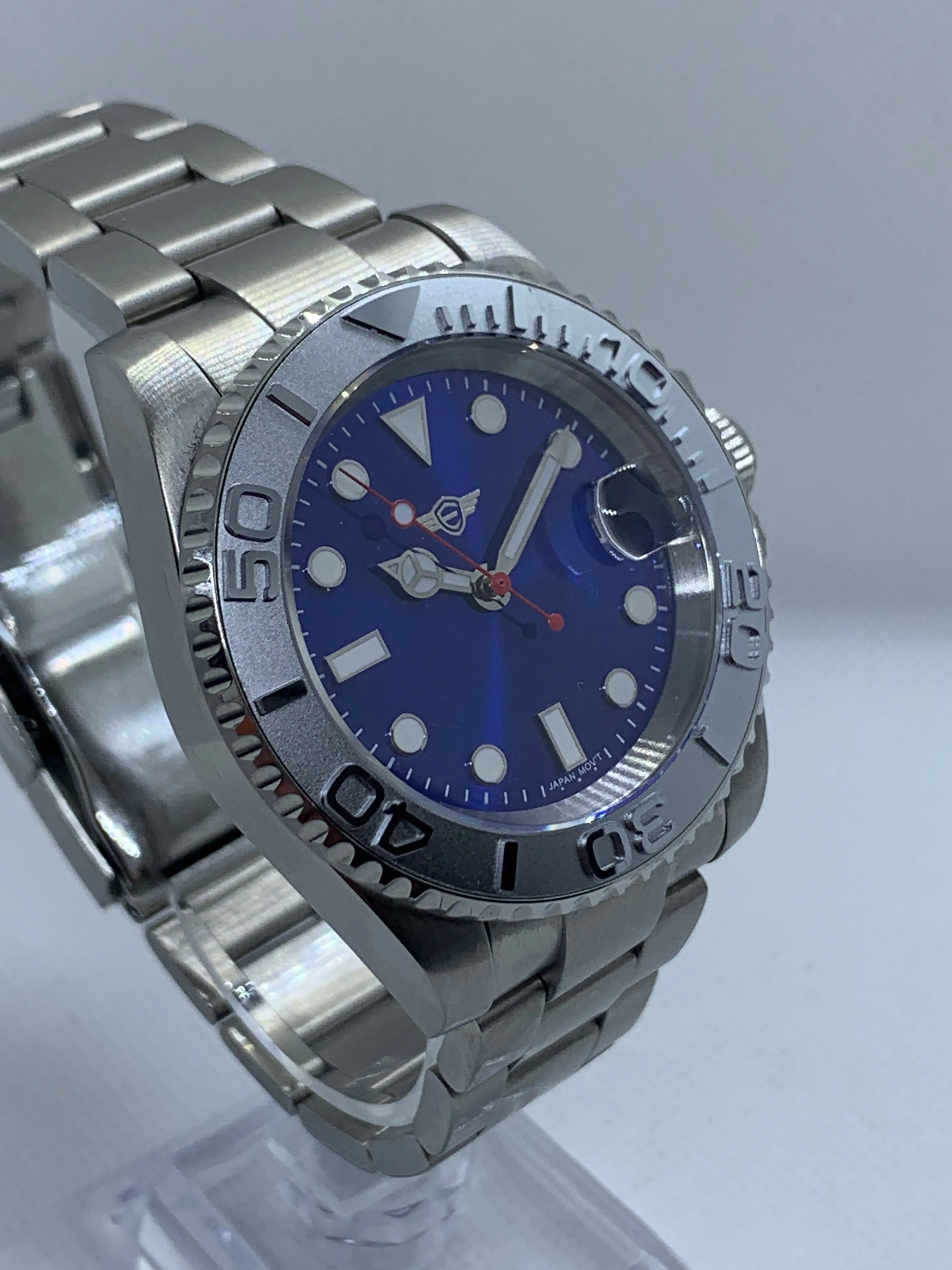 Men's 40MM Custom Watch, Yachtmaster Style, Blue Sunburst Dial, Sapphire Crystal, Oyster Bracelet