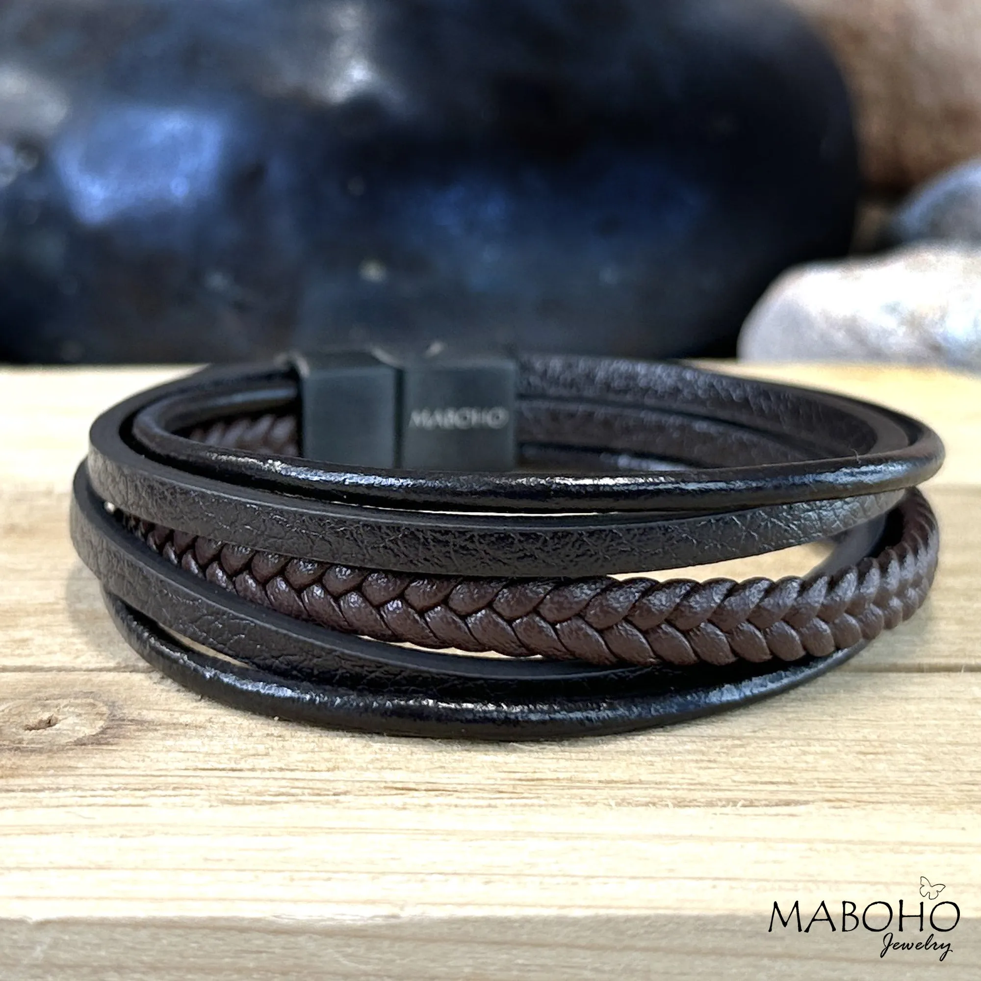 Men's 5 Layer Leather Black and Brown Bracelet Wristband