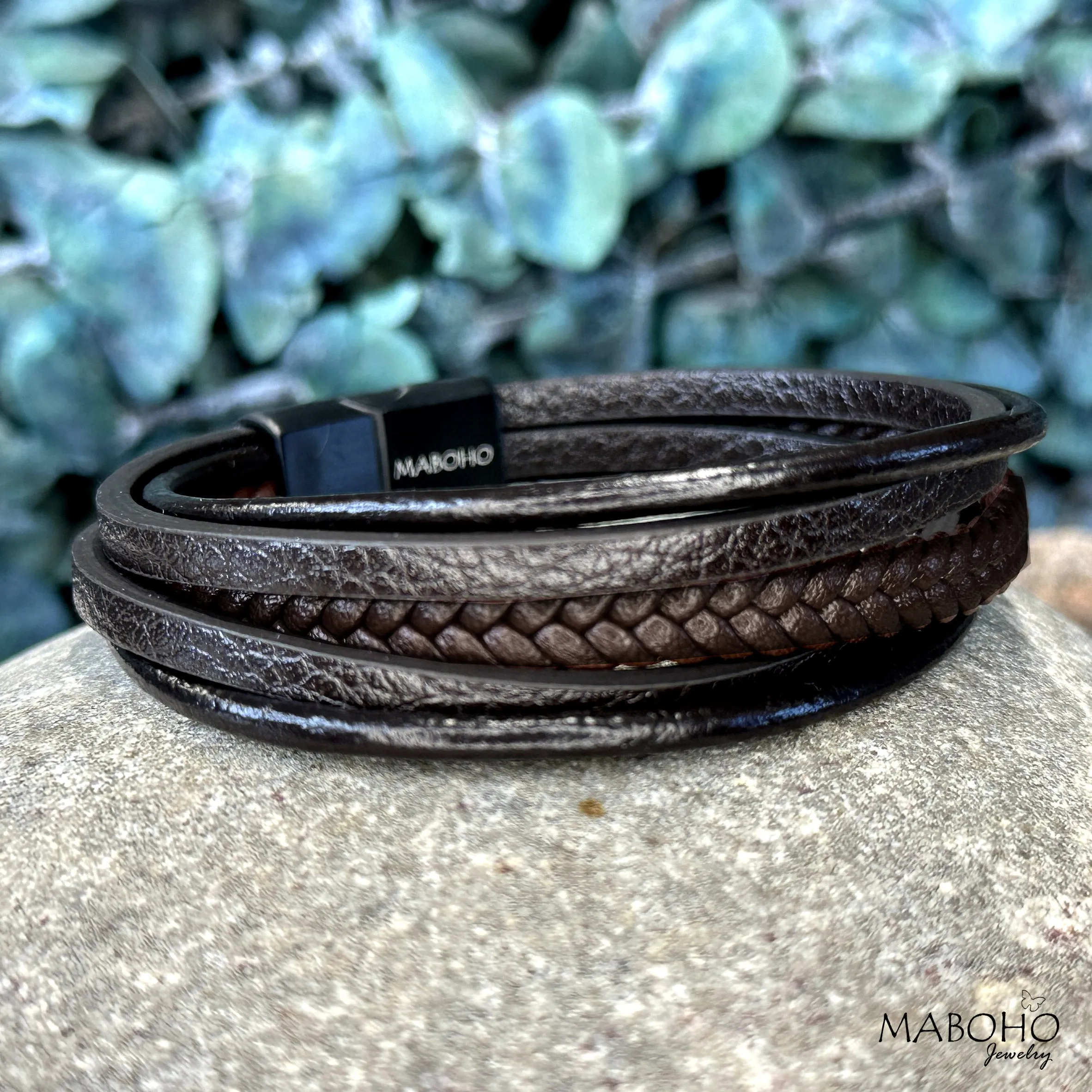 Men's 5 Layer Leather Black and Brown Bracelet Wristband