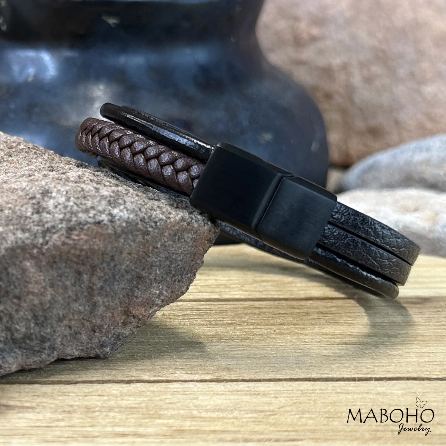 Men's 5 Layer Leather Black and Brown Bracelet Wristband