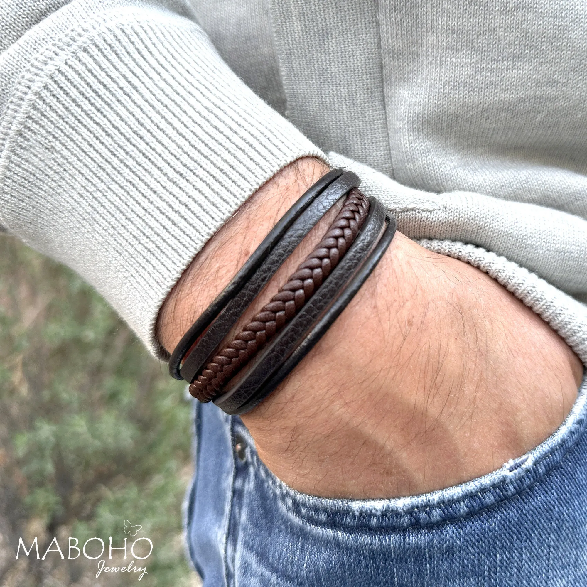 Men's 5 Layer Leather Black and Brown Bracelet Wristband
