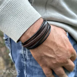 Men's 5 Layer Leather Black and Brown Bracelet Wristband