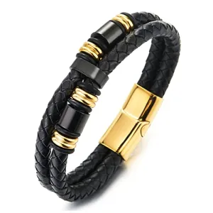 Mens Double-Row Black Braided Leather Bracelet Bangle Wristband, Black Gold Color Steel Ornaments