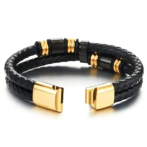Mens Double-Row Black Braided Leather Bracelet Bangle Wristband, Black Gold Color Steel Ornaments