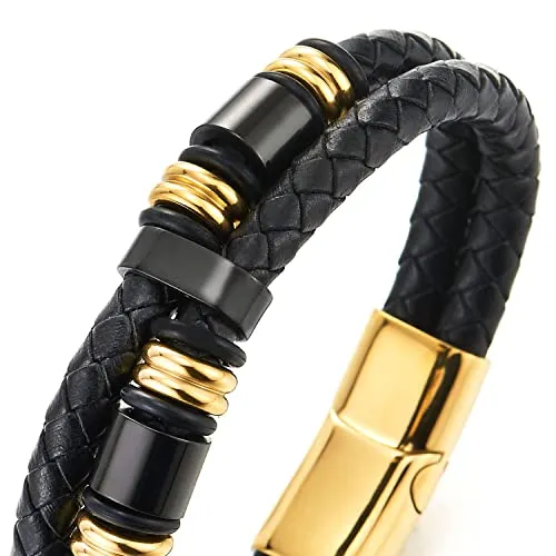 Mens Double-Row Black Braided Leather Bracelet Bangle Wristband, Black Gold Color Steel Ornaments