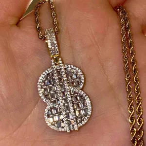 Mens Iced Out Jewelry Gold Plated Baguette Cz Diamond Letter Initial Pendant hip hop dollar sign necklace