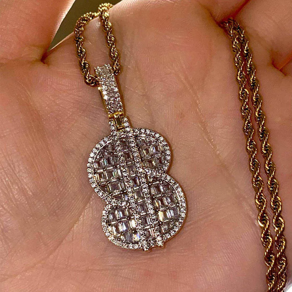 Mens Iced Out Jewelry Gold Plated Baguette Cz Diamond Letter Initial Pendant hip hop dollar sign necklace
