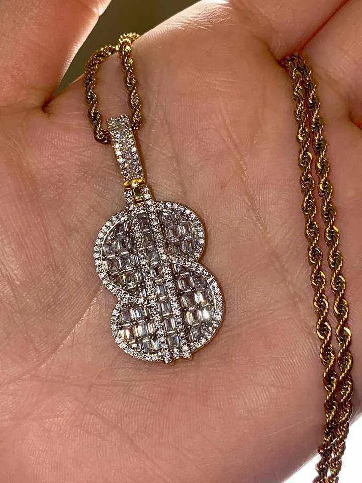 Mens Iced Out Jewelry Gold Plated Baguette Cz Diamond Letter Initial Pendant hip hop dollar sign necklace