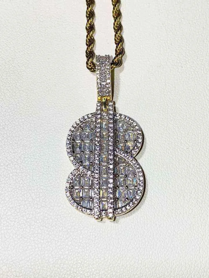 Mens Iced Out Jewelry Gold Plated Baguette Cz Diamond Letter Initial Pendant hip hop dollar sign necklace