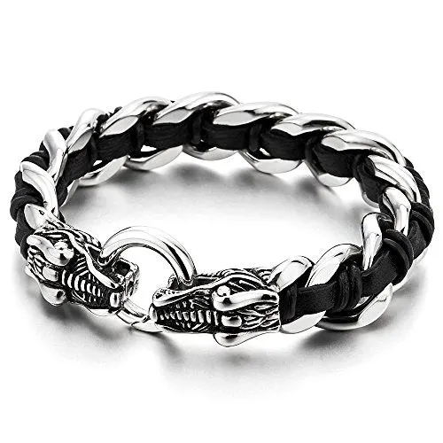 Mens Stainless Steel Dragon Curb Chain Bracelet Interwoven with Black Genuine Braided Leather