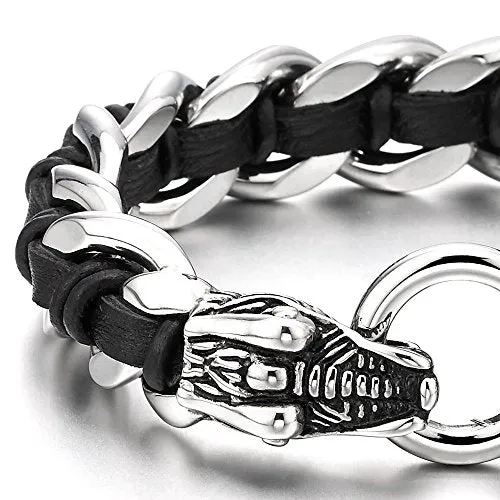 Mens Stainless Steel Dragon Curb Chain Bracelet Interwoven with Black Genuine Braided Leather