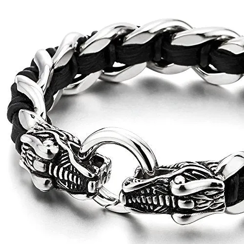 Mens Stainless Steel Dragon Curb Chain Bracelet Interwoven with Black Genuine Braided Leather