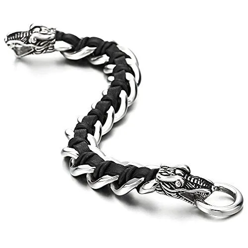 Mens Stainless Steel Dragon Curb Chain Bracelet Interwoven with Black Genuine Braided Leather