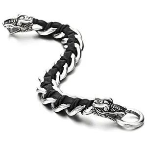 Mens Stainless Steel Dragon Curb Chain Bracelet Interwoven with Black Genuine Braided Leather