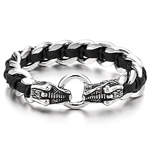 Mens Stainless Steel Dragon Curb Chain Bracelet Interwoven with Black Genuine Braided Leather