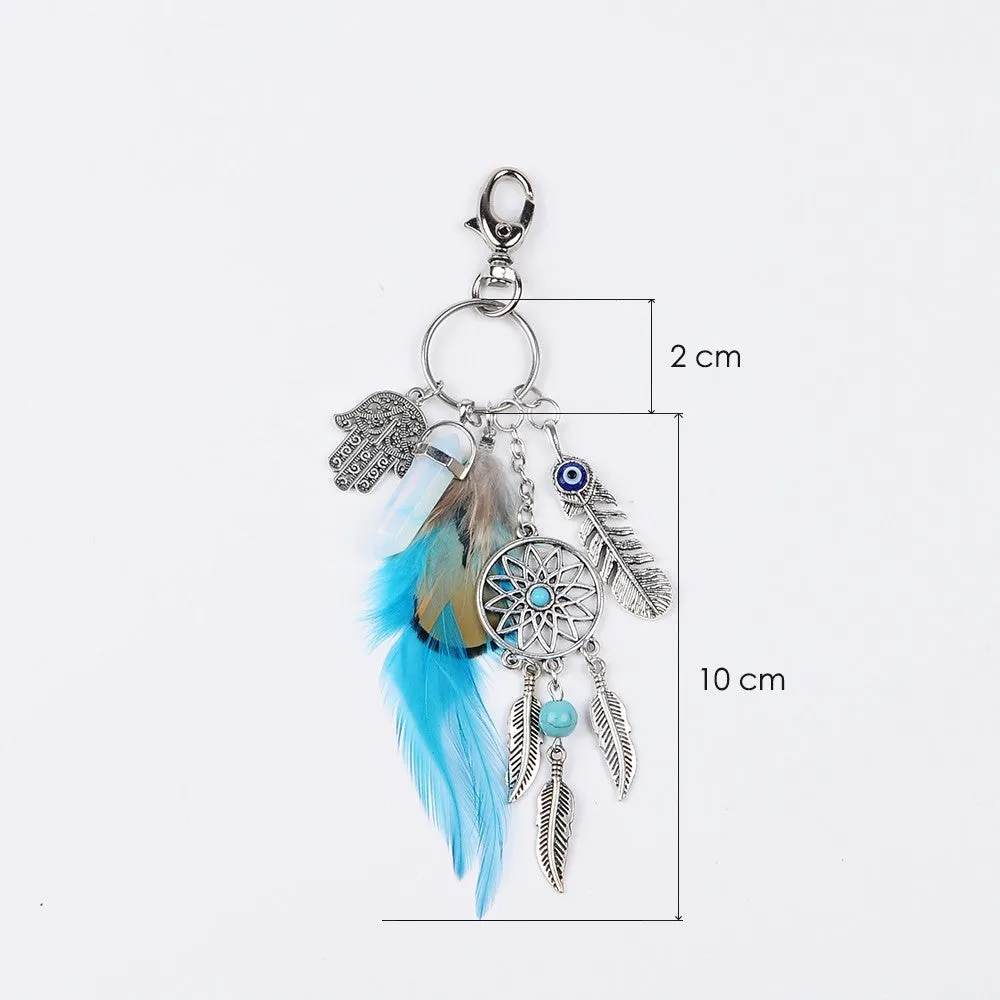 Natural opal stone dreamcatcher keyring fashion silver boho jewelry feather keychain for women