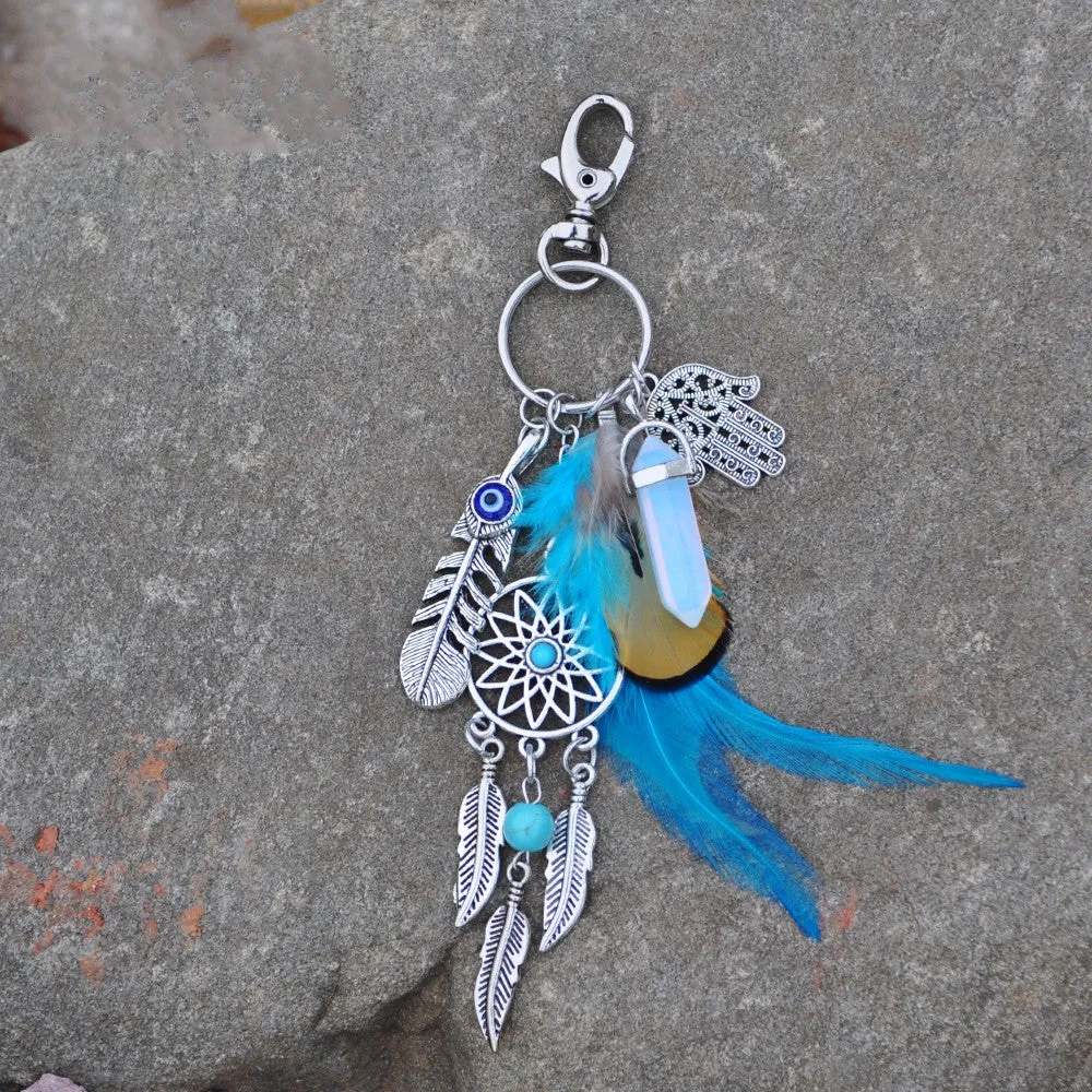Natural opal stone dreamcatcher keyring fashion silver boho jewelry feather keychain for women