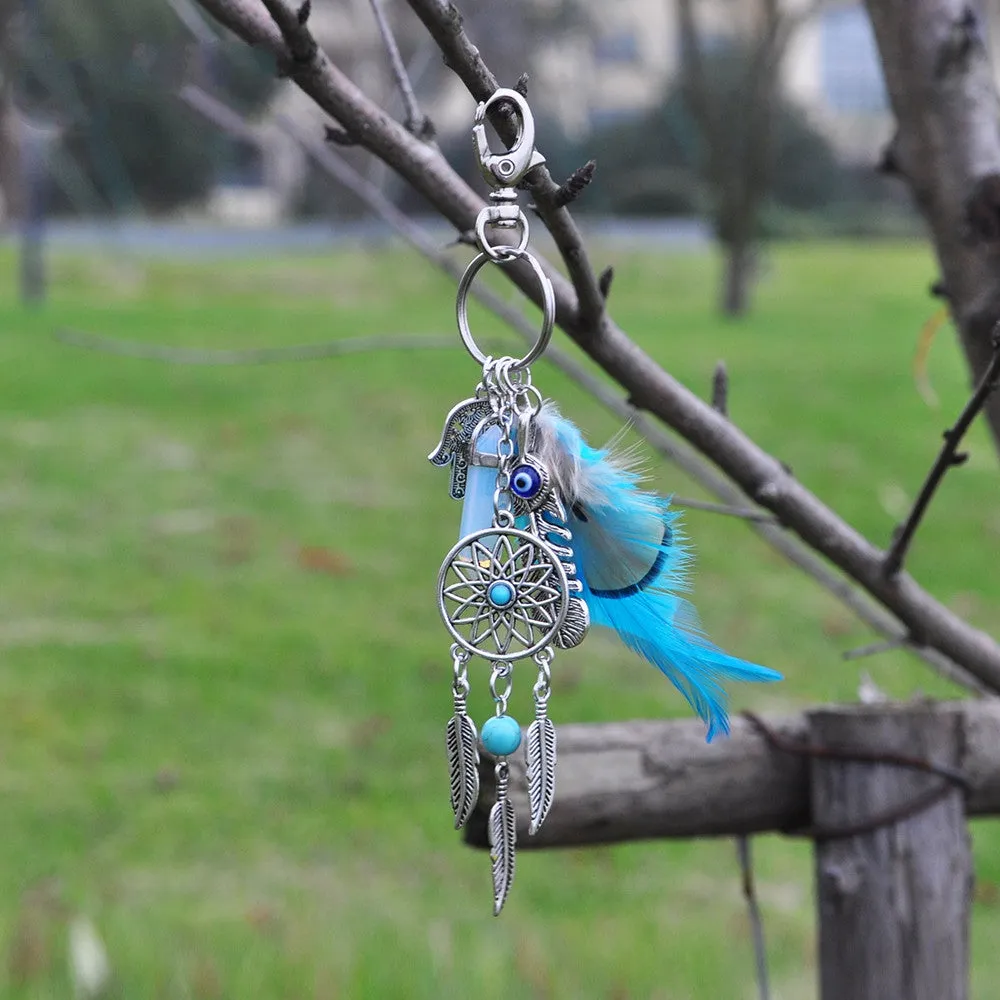 Natural opal stone dreamcatcher keyring fashion silver boho jewelry feather keychain for women