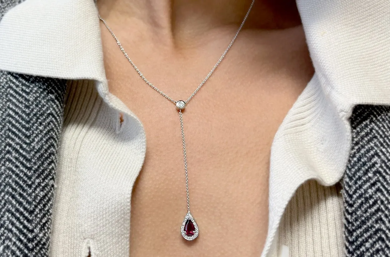 Necklace 18kt Gold Y shape Pear Tourmaline and Diamonds Drop