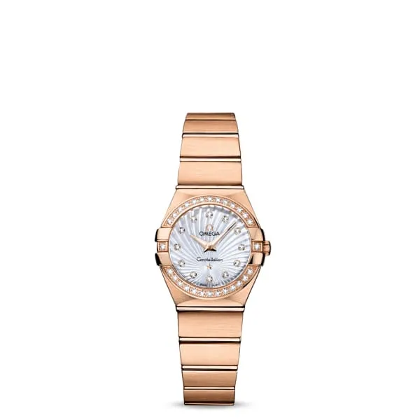 Omega Constellation 24mm Ladies Watch - Ref: 123.55.24.60.55.001 - White Mother of Pearl Diamond Index Dial & Diamond Bezel, 18K Rose Gold Bracelet