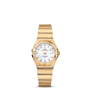 Omega Constellation 27mm Ladies Watch - Ref: 123.50.27.60.05.002 - White Mother of Pearl Index Dial, 18K Yellow Gold Bracelet