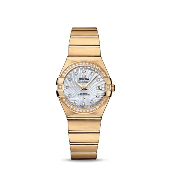 Omega Constellation 27mm Ladies Watch - Ref: 123.55.27.20.55.002 - White Mother of Pearl Diamond Index Dial & Diamond Bezel, 18K Yellow Gold Bracelet