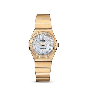 Omega Constellation 27mm Ladies Watch - Ref: 123.55.27.20.55.002 - White Mother of Pearl Diamond Index Dial & Diamond Bezel, 18K Yellow Gold Bracelet