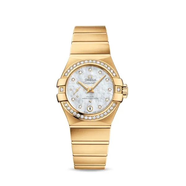 Omega Constellation 27mm Ladies Watch - Ref: 127.55.27.20.55.002 - White Mother of Pearl Diamond Index Dial & Diamond Bezel, 18K Yellow Gold Bracelet