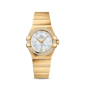 Omega Constellation 27mm Ladies Watch - Ref: 127.55.27.20.55.002 - White Mother of Pearl Diamond Index Dial & Diamond Bezel, 18K Yellow Gold Bracelet