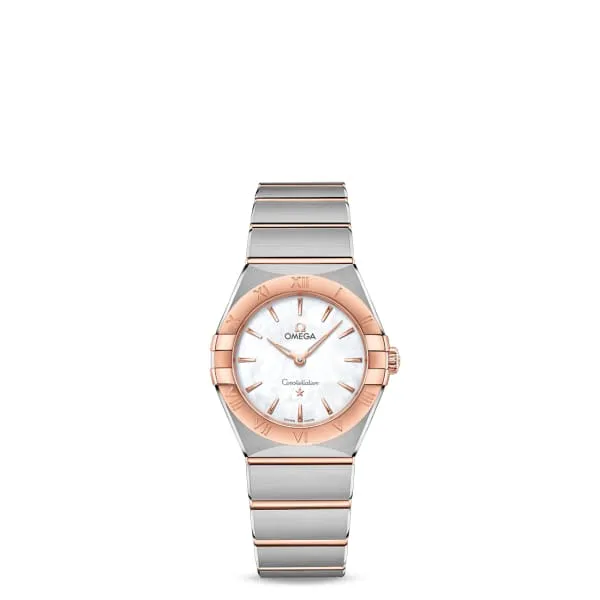 Omega Constellation 28mm Ladies Watch - Ref: 131.20.28.60.05.001 - White Mother of Pearl Index Dial & 18K Rose Gold Bezel, Two Tone Stainless Steel & 18K Rose Gold Bracelet
