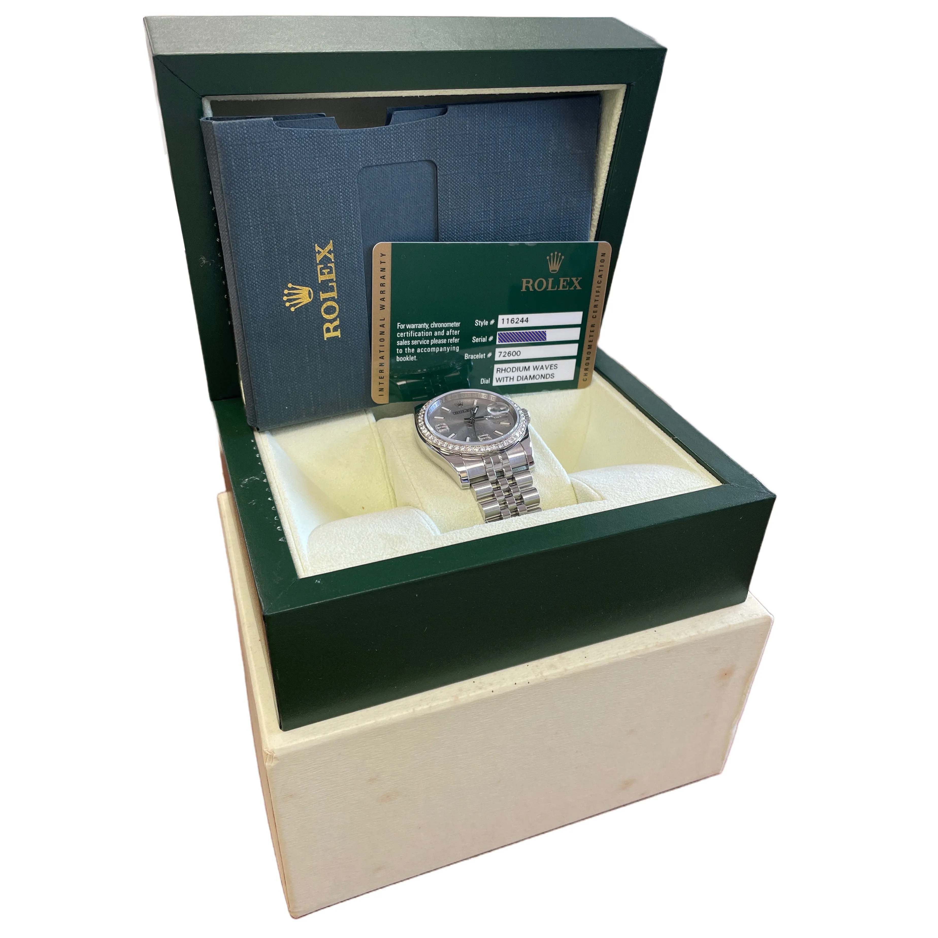 PAPERS Rolex DateJust RHODIUM WAVES Steel DIAMOND 36mm JUBILEE 116244 Watch B P