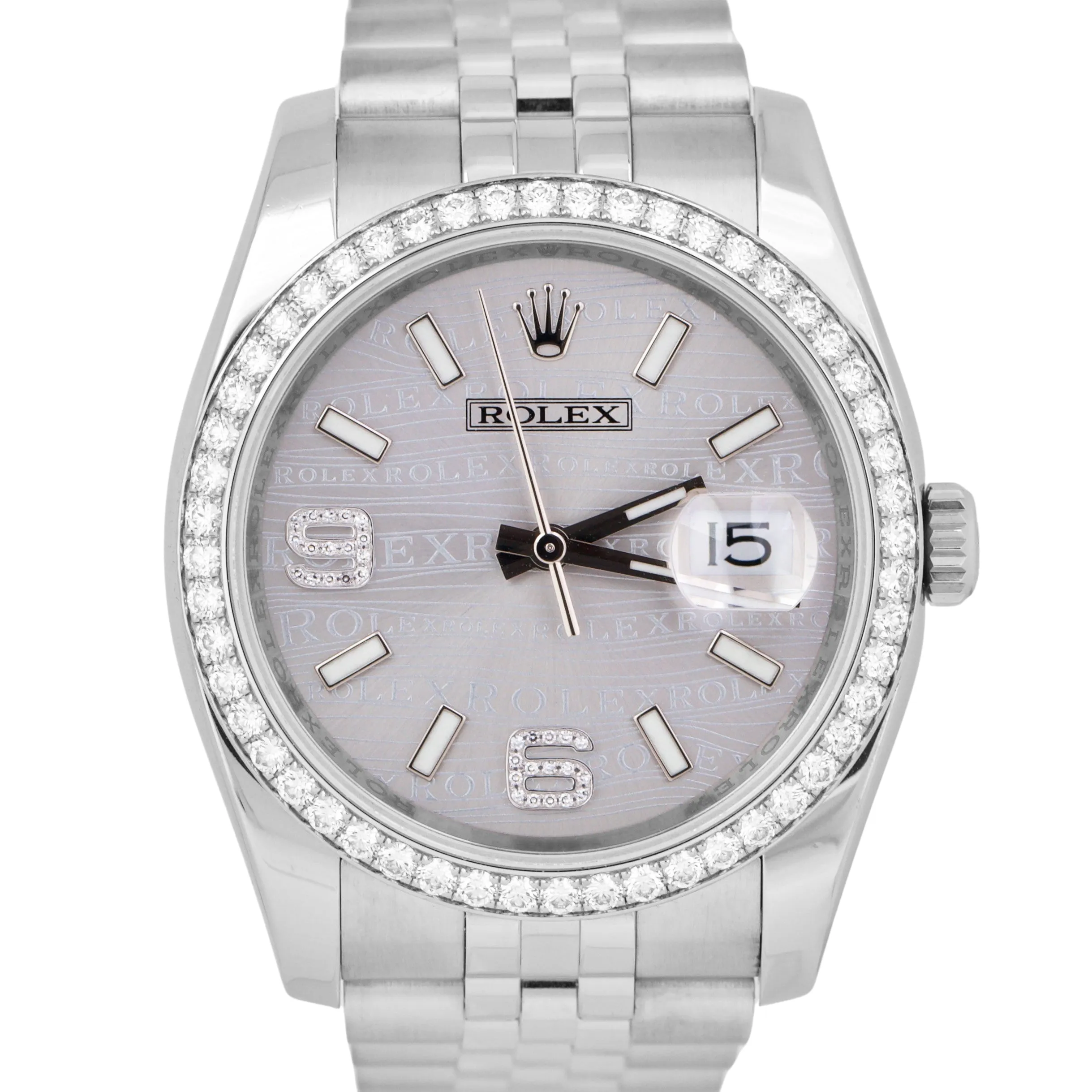 PAPERS Rolex DateJust RHODIUM WAVES Steel DIAMOND 36mm JUBILEE 116244 Watch B P