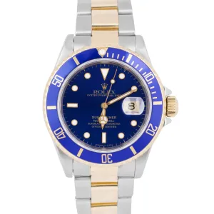 PAPERS Rolex Submariner Date 40mm Blue 18K Gold Yellow Steel Watch 16613 BOX