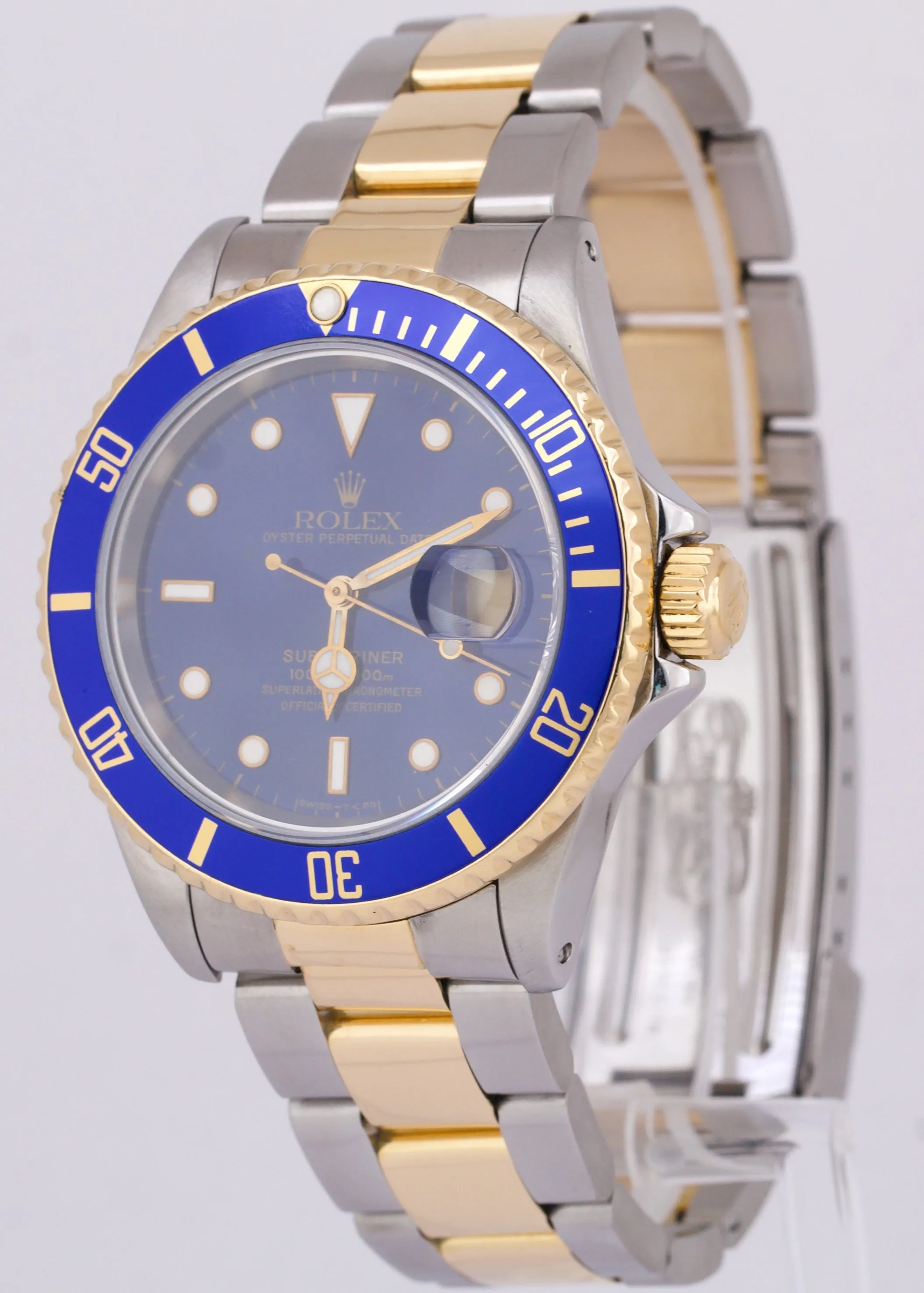 PAPERS Rolex Submariner Date 40mm Blue 18K Gold Yellow Steel Watch 16613 BOX