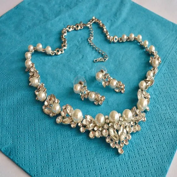Pearl Rhinestone Bridal Jewelry Set. Wedding Jewelry Set. Pearl Crystal Wedding Necklace Earrings Set. Vintage Wedding Jewelry.