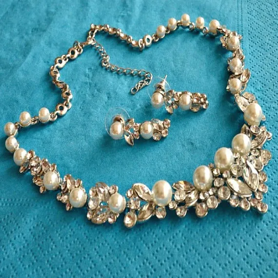 Pearl Rhinestone Bridal Jewelry Set. Wedding Jewelry Set. Pearl Crystal Wedding Necklace Earrings Set. Vintage Wedding Jewelry.