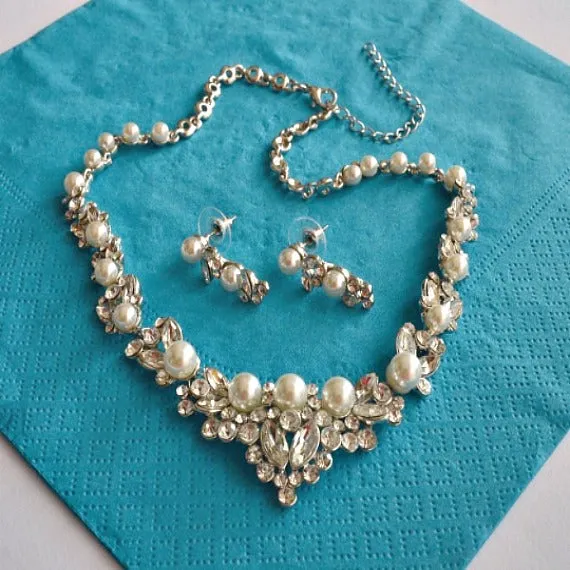 Pearl Rhinestone Bridal Jewelry Set. Wedding Jewelry Set. Pearl Crystal Wedding Necklace Earrings Set. Vintage Wedding Jewelry.
