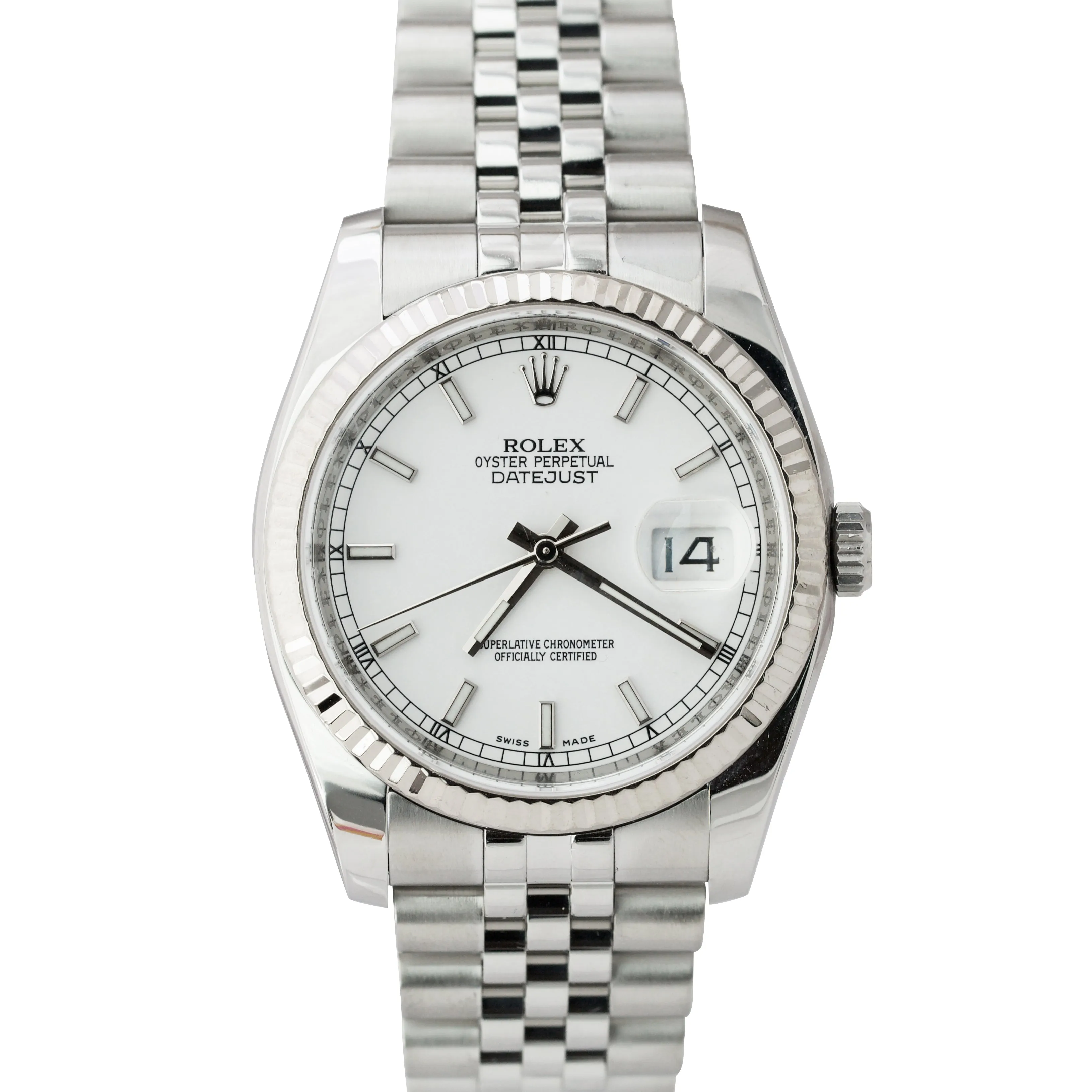 RANDOM SERIAL Rolex DateJust 36mm Fluted 18K WG Steel White Jubilee Watch 116234