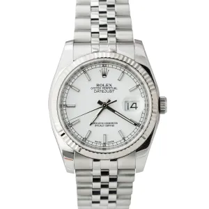 RANDOM SERIAL Rolex DateJust 36mm Fluted 18K WG Steel White Jubilee Watch 116234