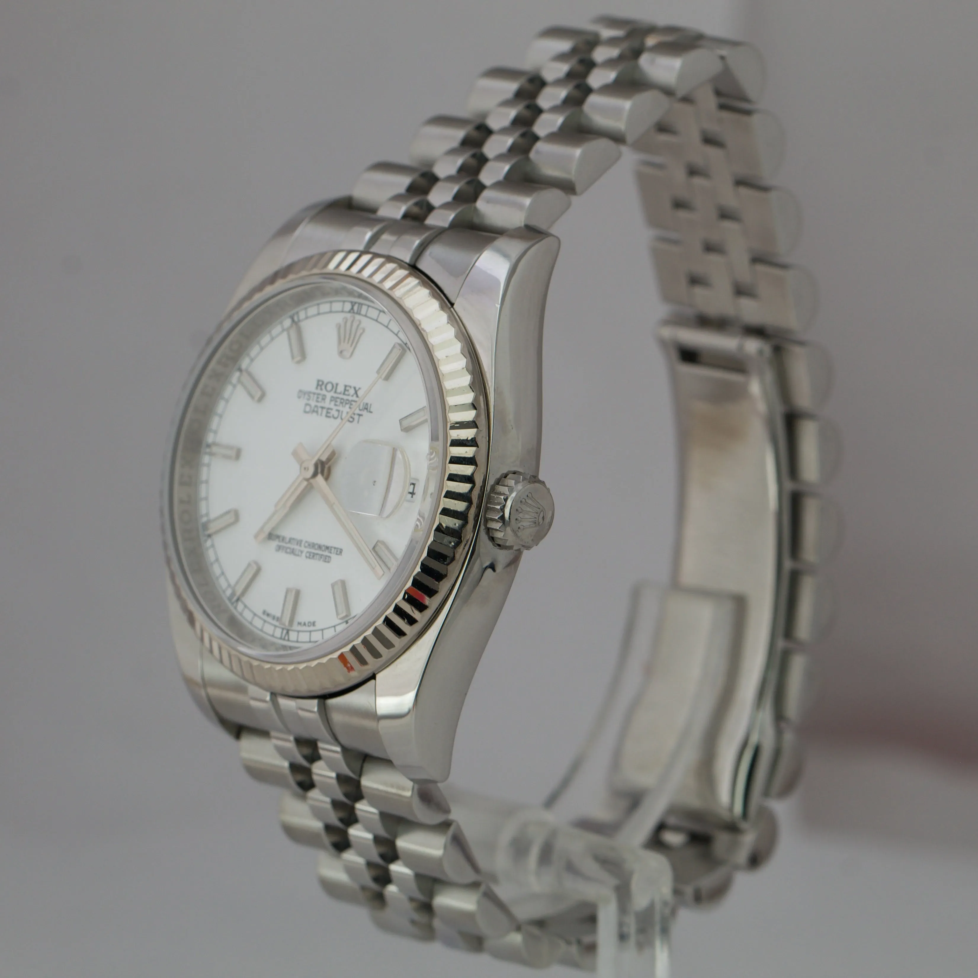 RANDOM SERIAL Rolex DateJust 36mm Fluted 18K WG Steel White Jubilee Watch 116234