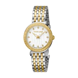 Roberto Cavalli Ladies Watch 2 Tone Metal Bracelet Case & White Dial With Diamond