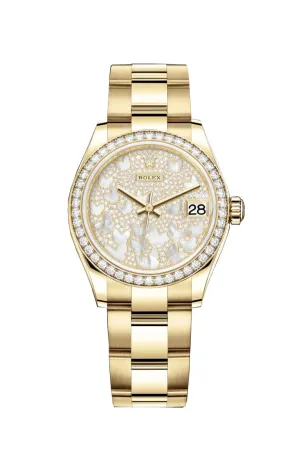 Rolex Datejust 31 Diamond Pave Mother of Pearl Butterfly Dial Ladies 18kt Yellow Gold Oyster Watch 278288PAVEO