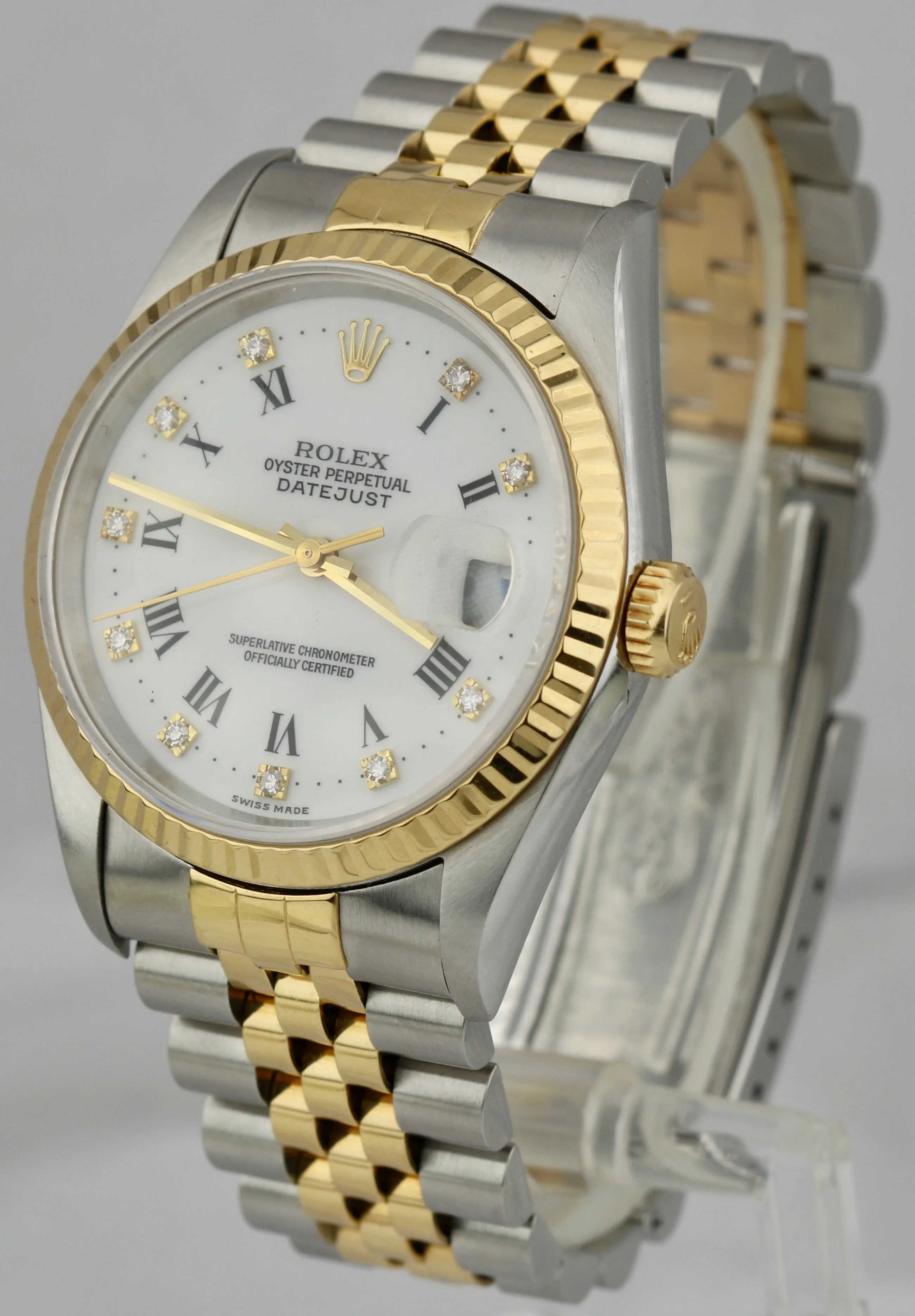 Rolex DateJust 36mm Two-Tone White FACTORY Diamond NO HOLES 18K Jubilee 16233