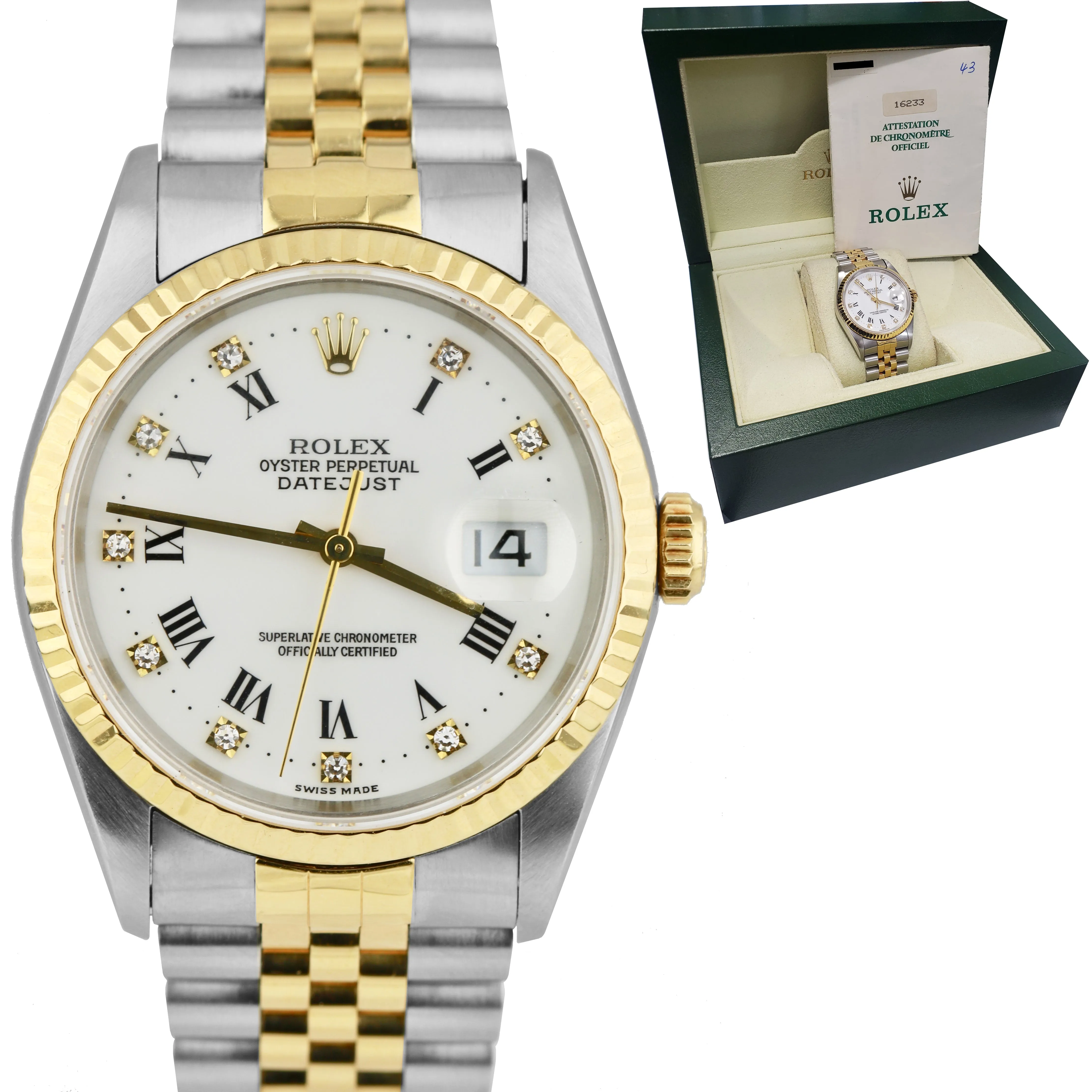 Rolex DateJust 36mm Two-Tone White FACTORY Diamond NO HOLES 18K Jubilee 16233