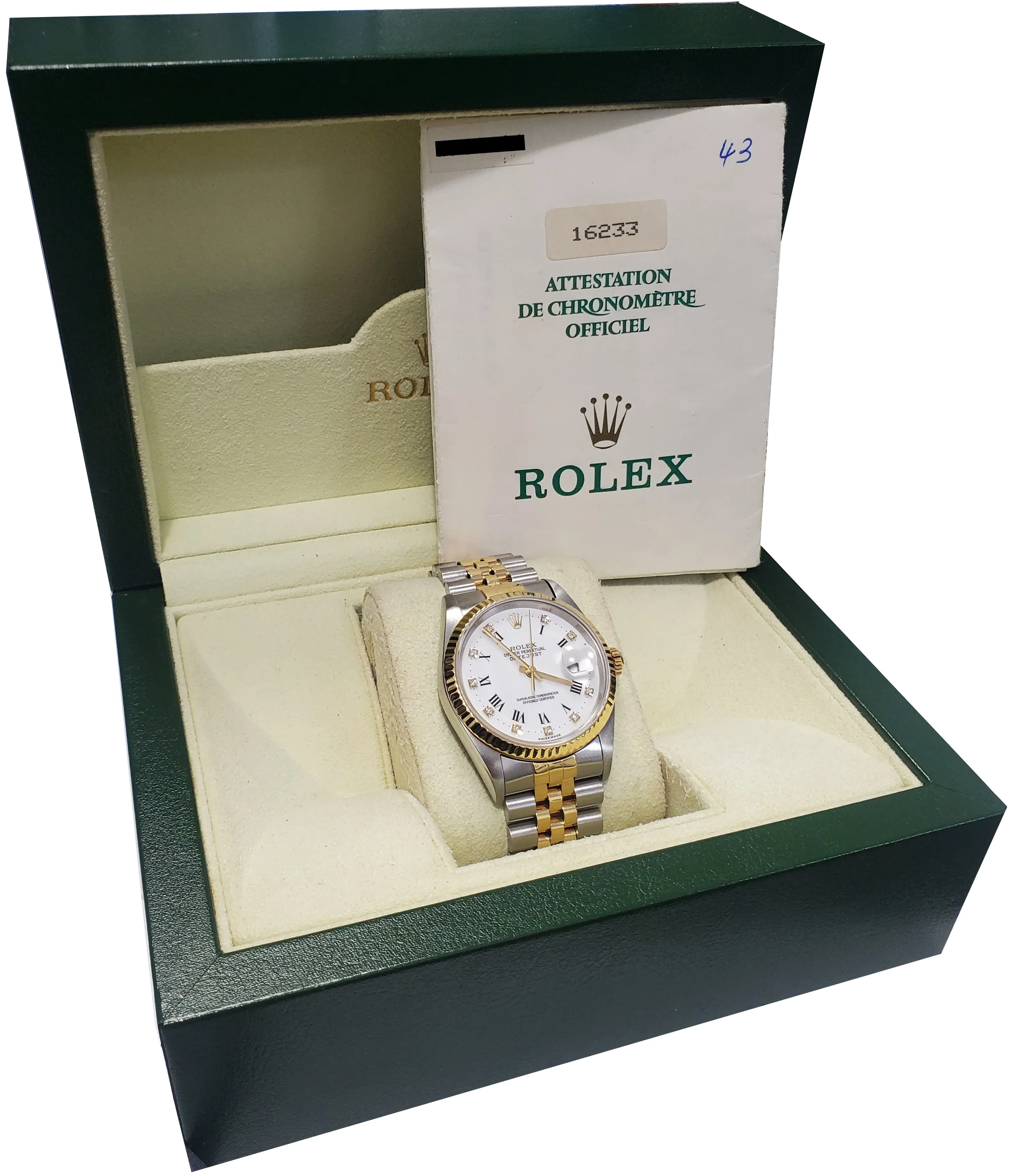 Rolex DateJust 36mm Two-Tone White FACTORY Diamond NO HOLES 18K Jubilee 16233