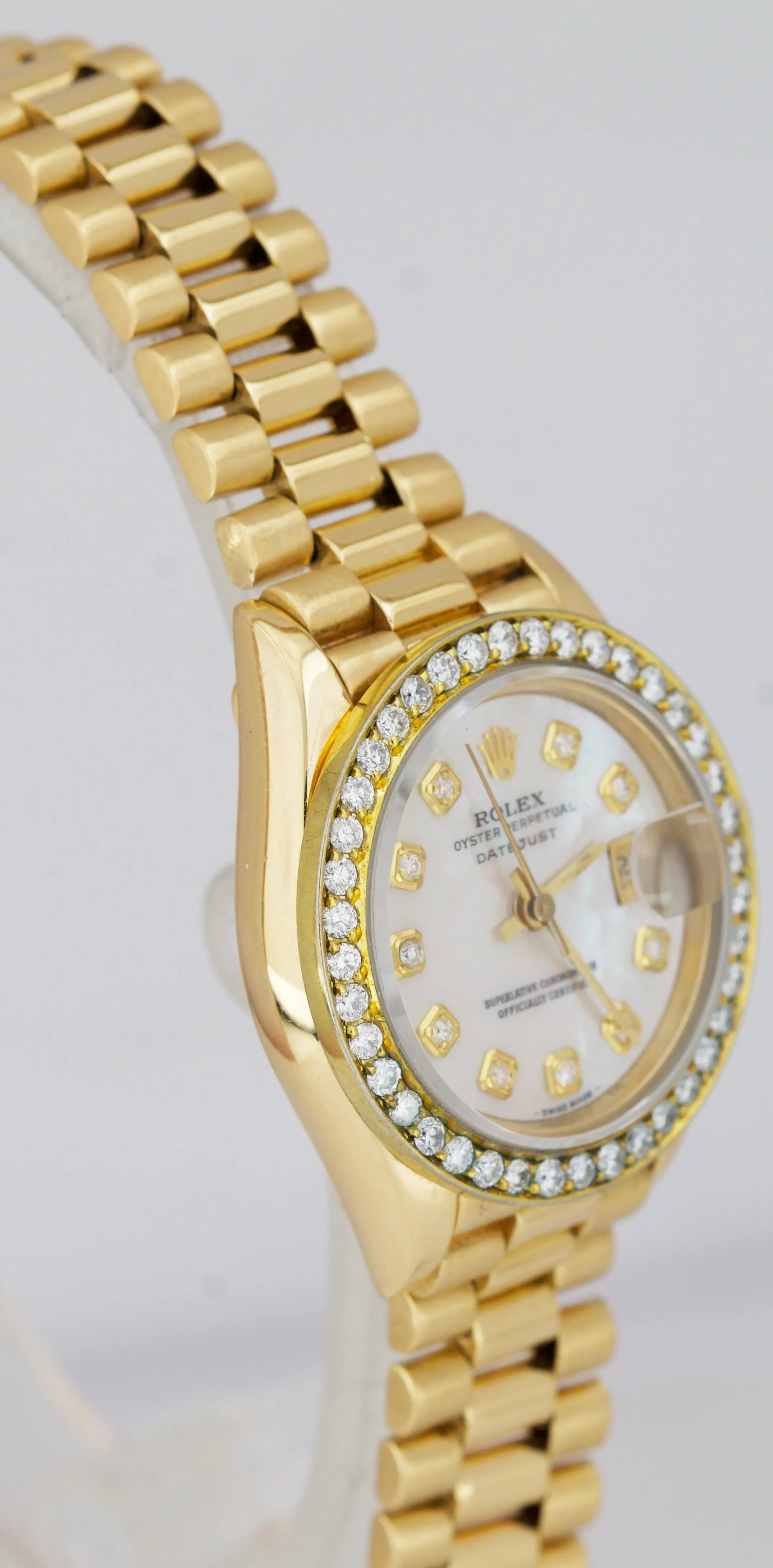 Rolex DateJust President 26mm DIAMOND BEZEL White MOP Yellow Gold Watch 69178