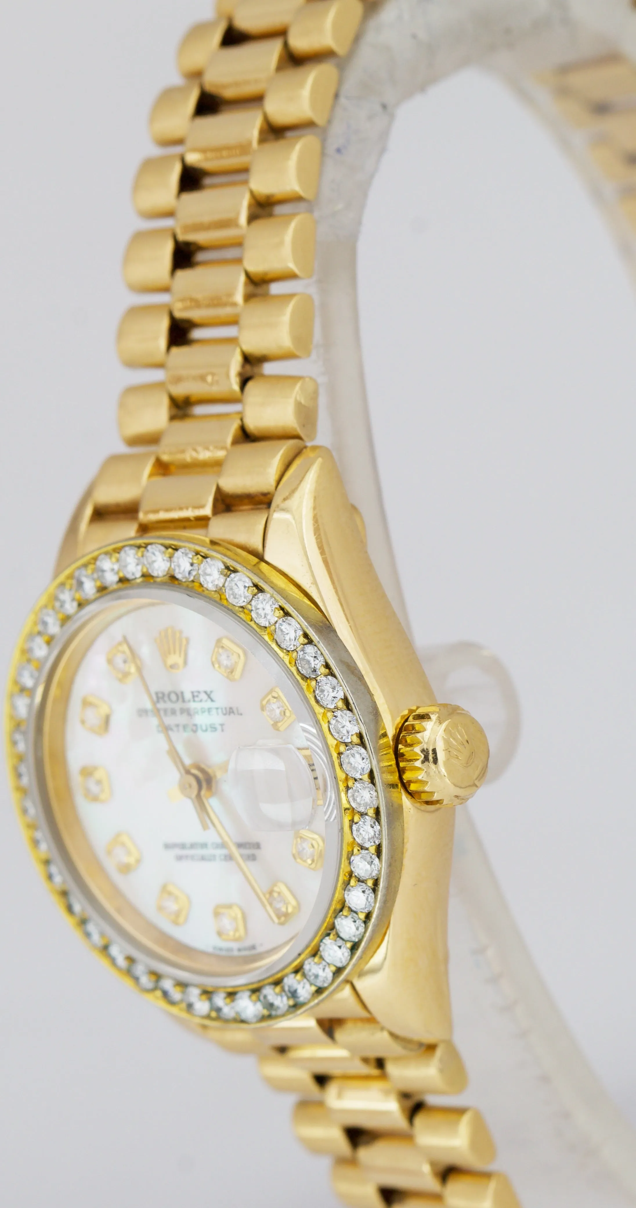 Rolex DateJust President 26mm DIAMOND BEZEL White MOP Yellow Gold Watch 69178