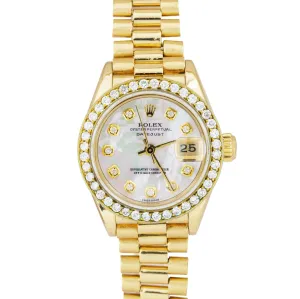 Rolex DateJust President 26mm DIAMOND BEZEL White MOP Yellow Gold Watch 69178